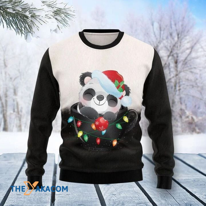 Lovely Little Panda In Cup With Colorful Light Gift For Christmas Ugly Christmas Sweater