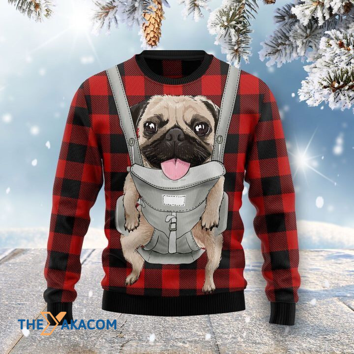 Lovely Little Pug Dog Carried In Front Gift For Christmas Ugly Christmas Sweater