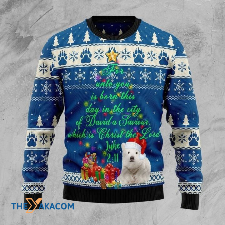 Lovely Little White Bear For Unto You Is Born This Day In The City Gift For Christmas Ugly Christmas Sweater