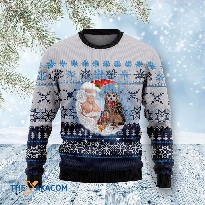 Lovely Owl Family On Santa Claus Moon Gift For Christmas Ugly Christmas Sweater