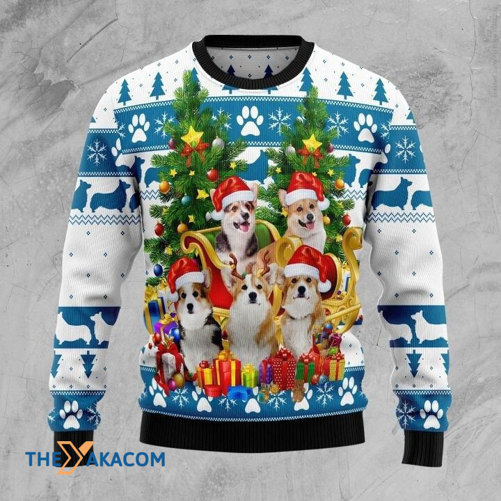 Lovely Pembroke Welsh Corgi Dog Family On Golden Sleigh Gift For Christmas Ugly Christmas Sweater