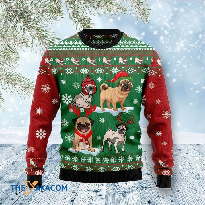 Lovely Pug Dog Family With Many Position Gift For Christmas Ugly Christmas Sweater