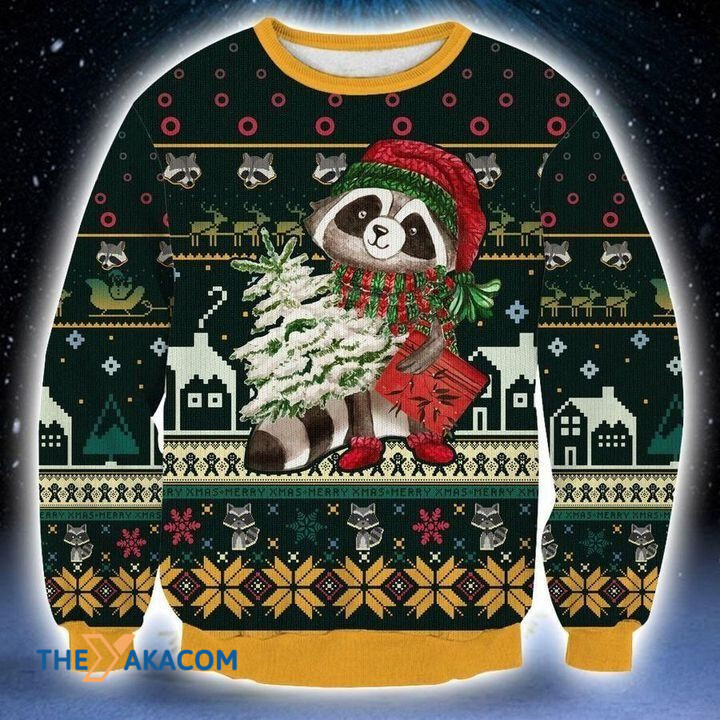 Lovely Raccoon Hold Christmas Tree And Present Gift For Christmas Ugly Christmas Sweater