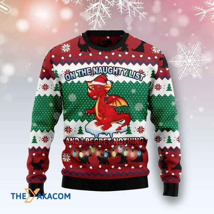 Lovely Red Dragon On The Naughty List I Regret Nothing Gift For Christmas Ugly Christmas Sweater