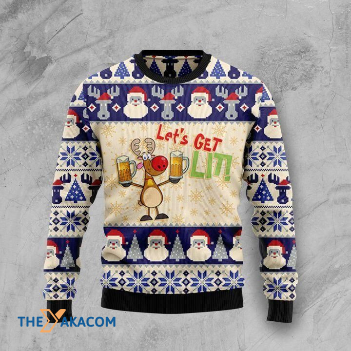 Lovely Reindeer Hold Two Cup Of Beer Let's Get Lit Gift For Christmas Ugly Christmas Sweater