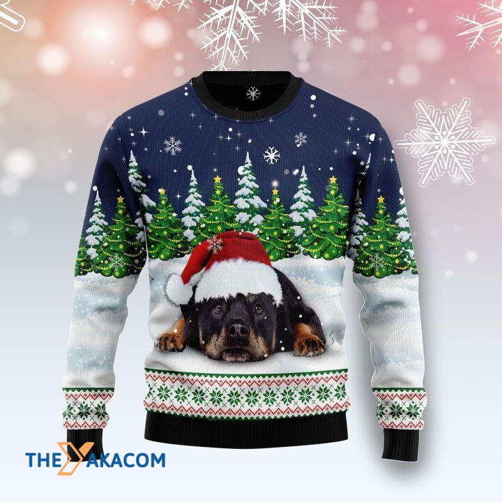 Lovely Rottweiler Lying On Snow In Pine Forest Gift For Christmas Ugly Christmas Sweater