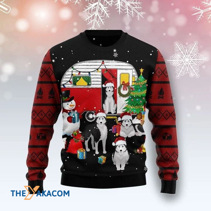 Lovely Siberian Husky Dog Family With Camping Car And Snowman Gift For Christmas Ugly Christmas Sweater