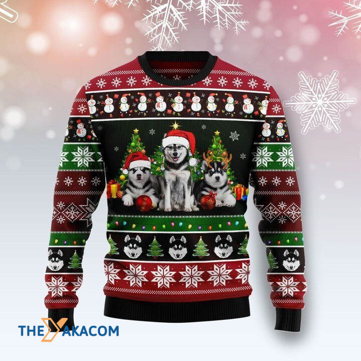 Lovely Siberian Husky Dog Family With Red Snowball Gift For Christmas Ugly Christmas Sweater