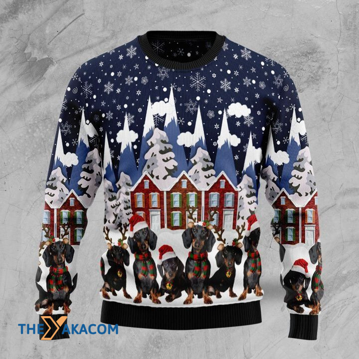 Lovely Warm Dachshund Family Under Snowy Gift For Christmas Ugly Christmas Sweater