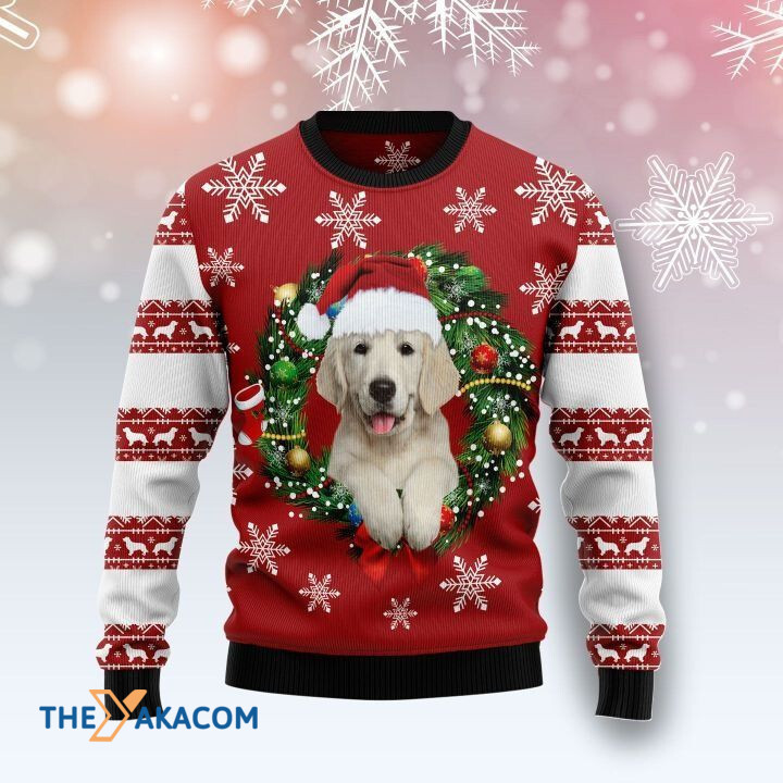 Lovely White Golden Retriever In Crown With Colorful Balls Gift For Christmas Ugly Christmas Sweater