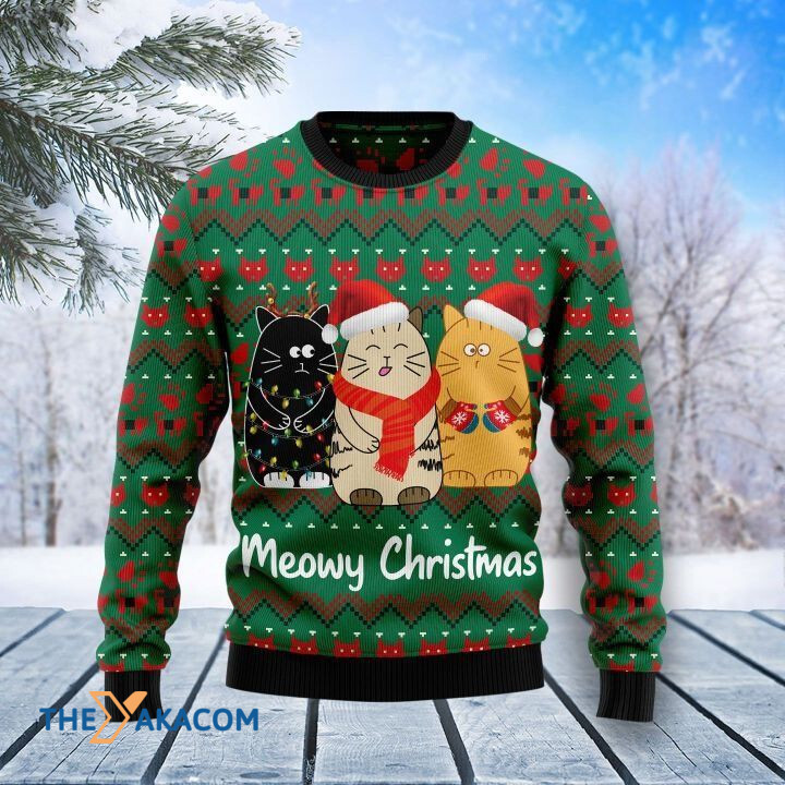 Lovely White Yellow And Black Cat Family Meowy Christmas Gift For Christmas Ugly Christmas Sweater