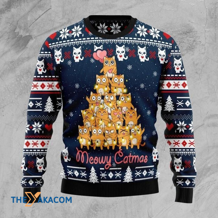 Many Yellow Cat Emotion Made A Christmas Tree Meowy Catmas Gift For Christmas Ugly Christmas Sweater