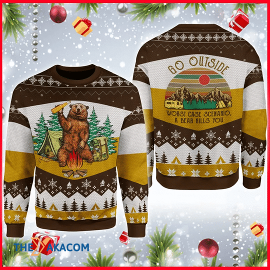 Merry Xmas A Bear With Beer Vintage Camping Go Outside Worst Case Scenario A Bear Kills You Ugly Christmas Sweater