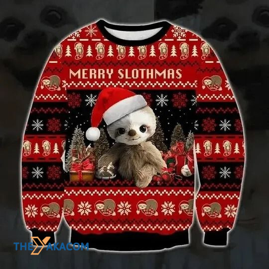 Merry Xmas Adorable Baby Sloth And Red Black Vintage Ugly Christmas Sweater