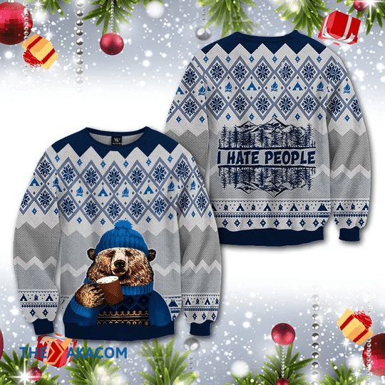 Merry Xmas Adorable Bear I Hate People Camping Ugly Christmas Sweater