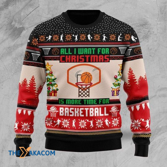 Merry Xmas All I Want For Is More Time For Basketball Red Vintage Ugly Christmas Sweater