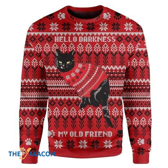 Merry Xmas Amazing Black Cat Hello Darkness My Old Friends Special Pattern Ugly Christmas Sweater