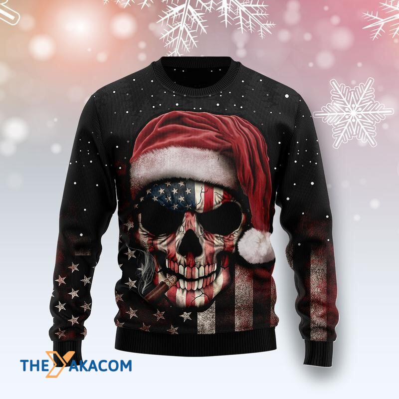 Merry Xmas Amazing Skull American Flag Awesome Gift For Christmas Ugly Christmas Sweater