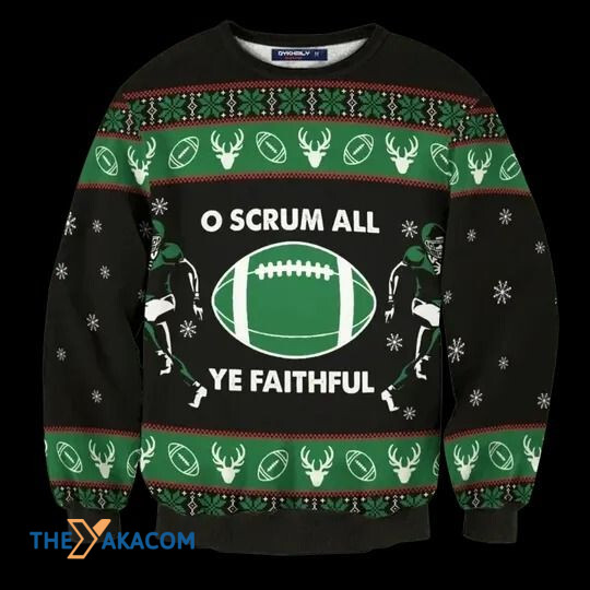 Merry Xmas American Football Scrum All Ye Faithful With Special Pattern Ugly Christmas Sweater