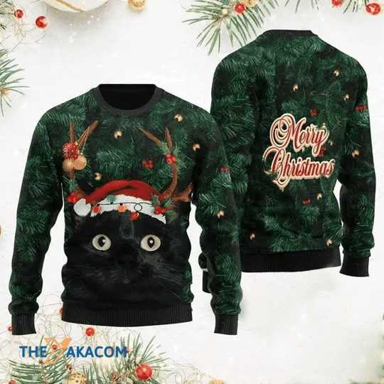 Merry Xmas Awesome Black Cat Gift For Christmas Party Ugly Christmas Sweater