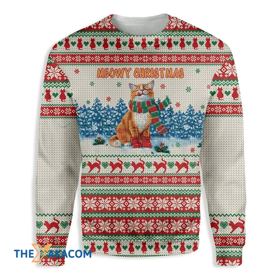 Merry Xmas Awesome Meowy Cat Gift For Christmas Party Ugly Christmas Sweater