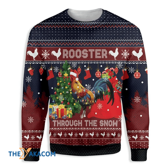 Merry Xmas Awesome Rooster Through The Snow Ugly Christmas Sweater