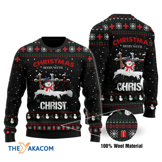 Merry Xmas Awesome Snowman Christmas Begin With Christ Gift For Christmas Party Ugly Christmas Sweater