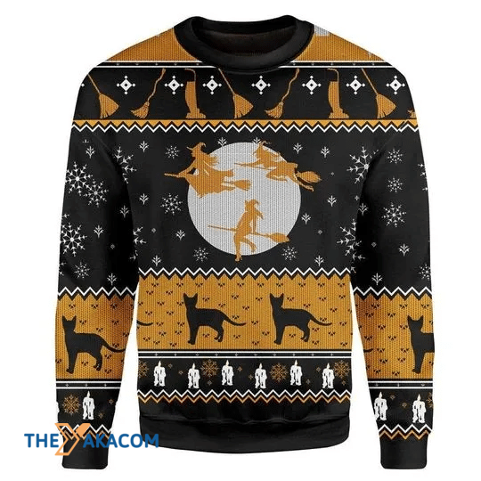 Merry Xmas Awesome Witch And The Shape Of Black Cat Special Pattern Ugly Christmas Sweater