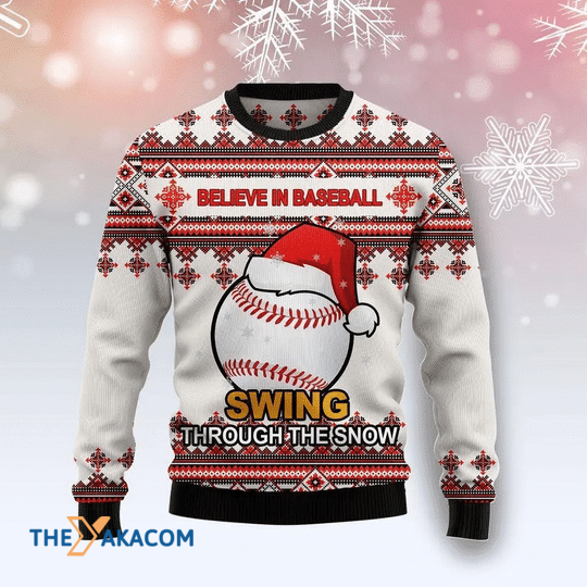 Merry Xmas Baseball Santa Hat Believe In Baseball Through The Snow Gift For Christmas Party Ugly Christmas Sweater