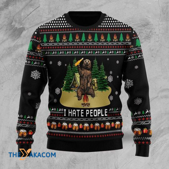 Merry Xmas Bear Beer Camping I Hate People And Awesome Pattern Ugly Christmas Sweater