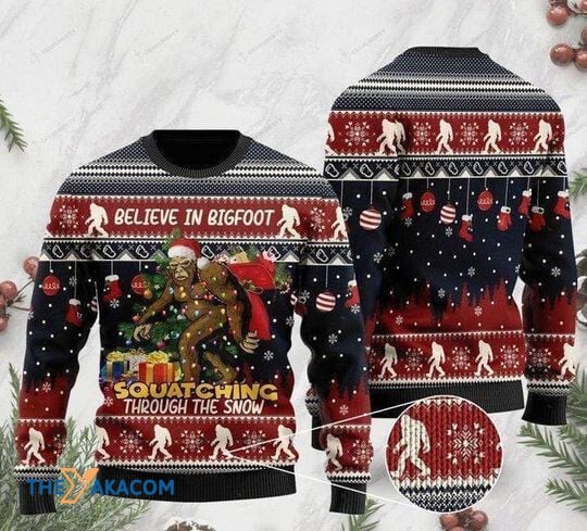 Merry Xmas Bigfoot Believe In Squatching Through The Snow And Special Pattern Ugly Christmas Sweater