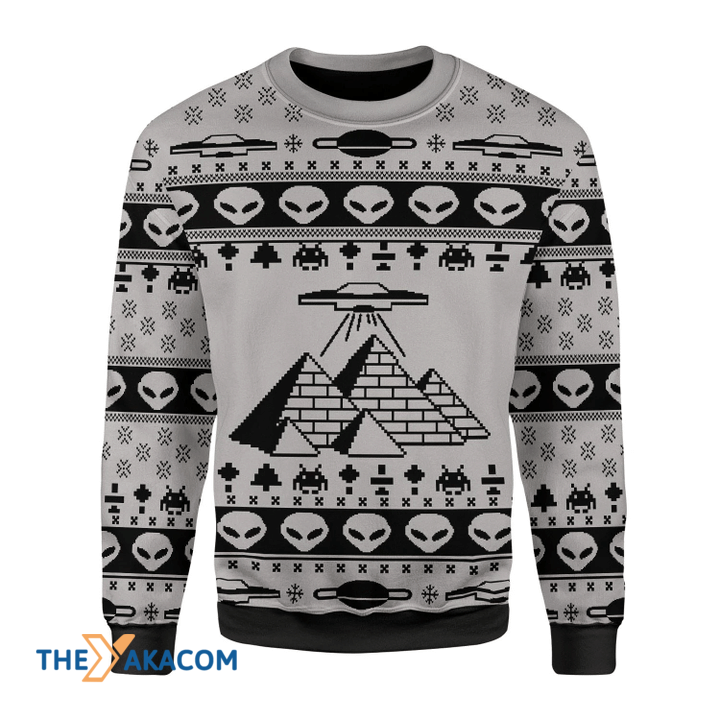 Merry Xmas Black And White Ancient Alien Pyramid Awesome Gift For Christmas Ugly Christmas Sweater