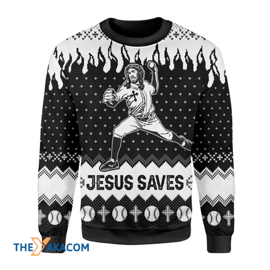 Merry Xmas Black And White Jesus Saves Baseball Gift For Christmas Party Ugly Christmas Sweater