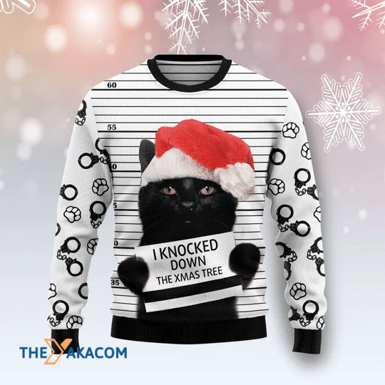 Merry Xmas Black Cat Knocked Down Gift For Christmas Party Ugly Christmas Sweater