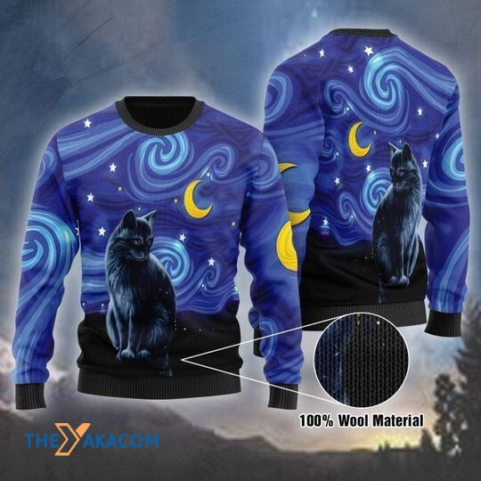 Merry Xmas Black Cat Night And Awesome Pattern Ugly Christmas Sweater