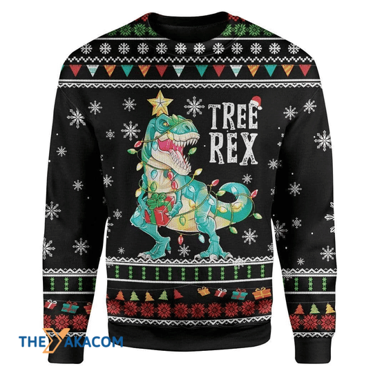 Merry Xmas Black Tree T-Rex Gift For Christmas Party Ugly Christmas Sweater