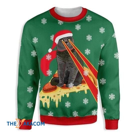 Merry Xmas Cat Lovers Pizza Cat With Laser Eyes With Special Pattern Ugly Christmas Sweater