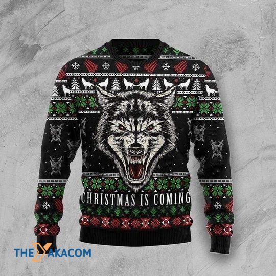 Merry Xmas Christmas Is Coming Honor Wolf Black Special Pattern Christmas Sweater