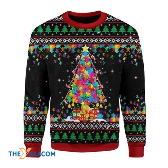 Merry Xmas Colorful Autism Christmas Tree Gift For Christmas Party Ugly Christmas Sweater