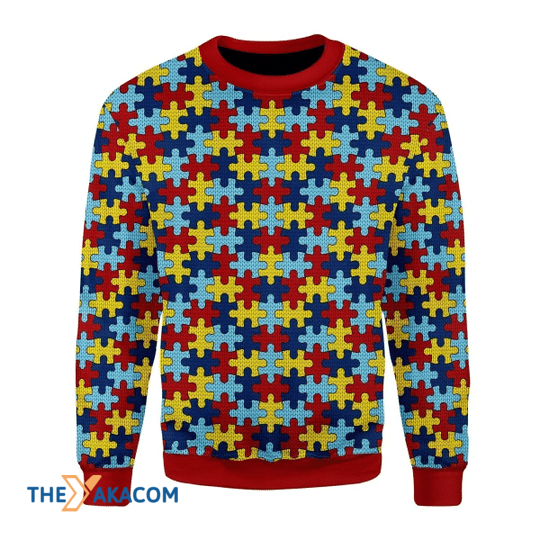 Merry Xmas Colorful Autism Puzzel Gift For Christmas Party Ugly Christmas Sweater