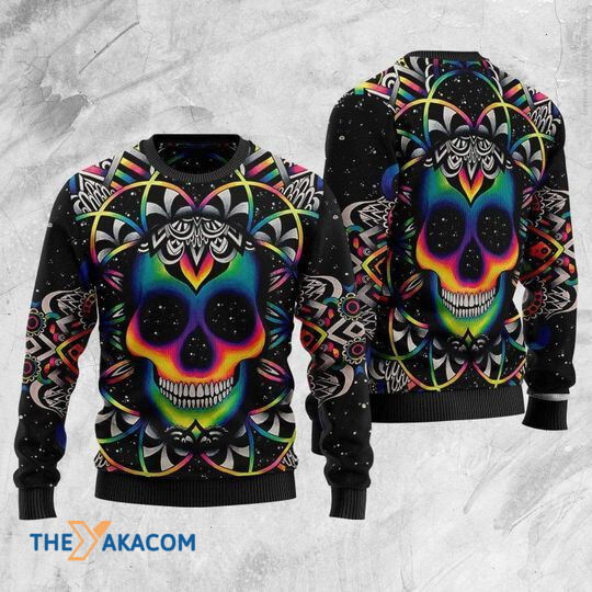 Merry Xmas Colorful Holographic Skull With Awesome Pattern Ugly Christmas Sweater