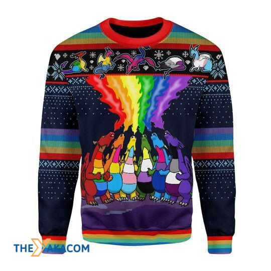 Merry Xmas Colorful LGBT Dragons Gift For Christmas Party Ugly Christmas Sweater