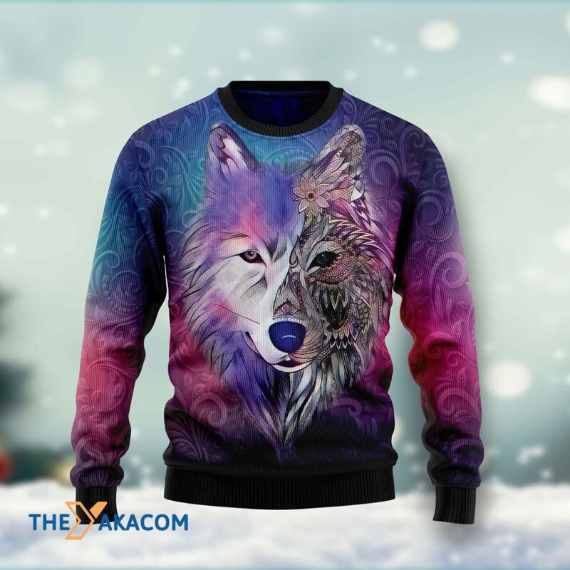 Merry Xmas Colorful Native Wolf Awesome Gift For Christmas Ugly Christmas Sweater