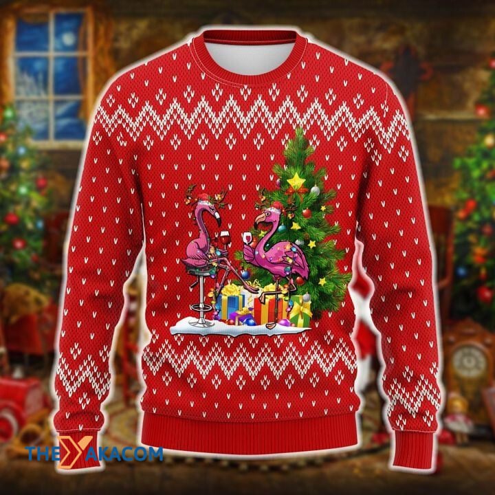 Merry Xmas Couple Flamingo And Wine Awesome Gift For Christmas Ugly Christmas Sweater