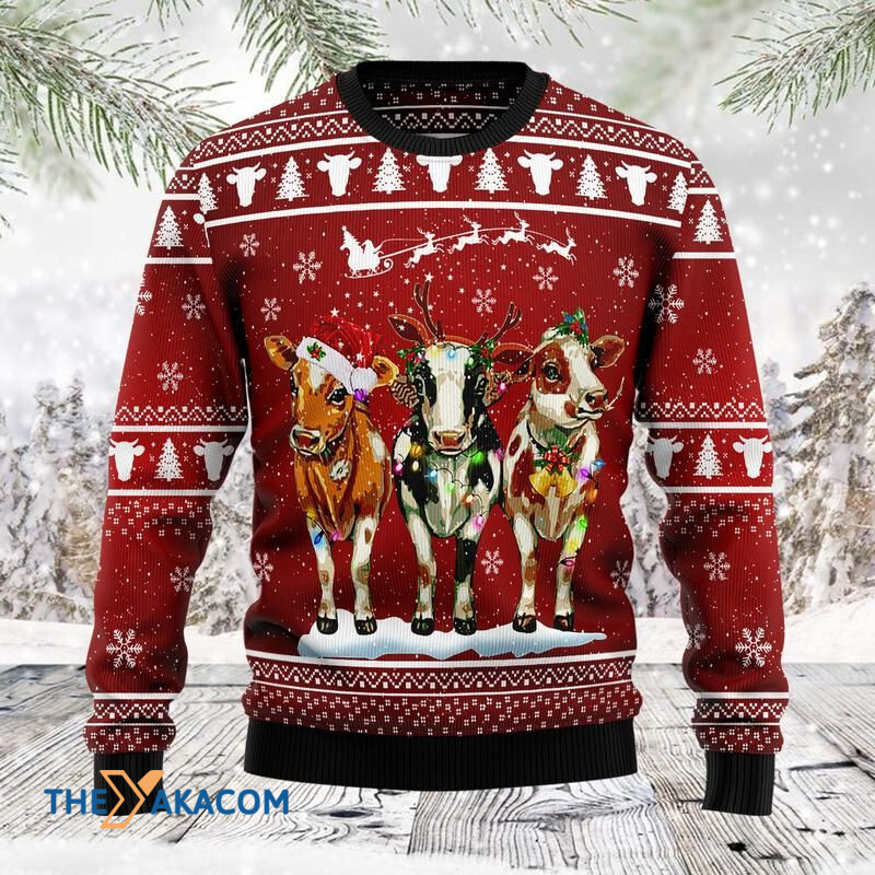 Merry Xmas Cow And Colorful Light Awesome Gift For Christmas Ugly Christmas Sweater