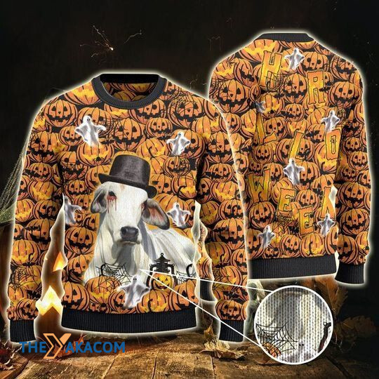 Merry Xmas Creepy Brahman Cattle Lovers Halloween Pumpkin Awesome Gift For Christmas Ugly Christmas Sweater