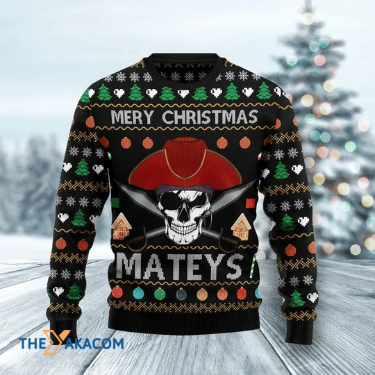 Merry Xmas Creepy Pirate Skull Gift For Christmas Party Ugly Christmas Sweater