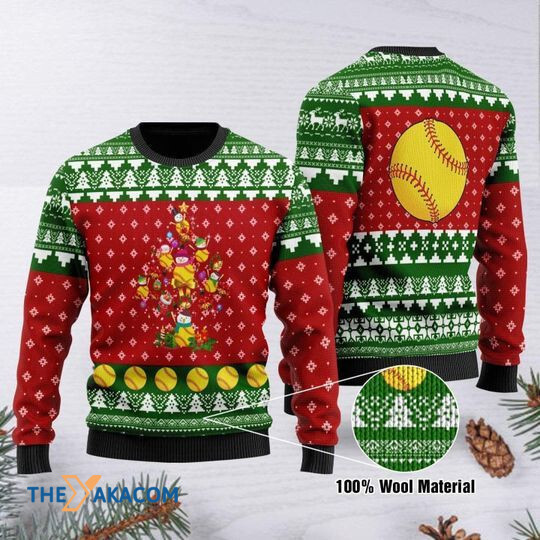 Merry Xmas Cute And Glowing Softball Tree Vintage Pattern Ugly Christmas Sweater