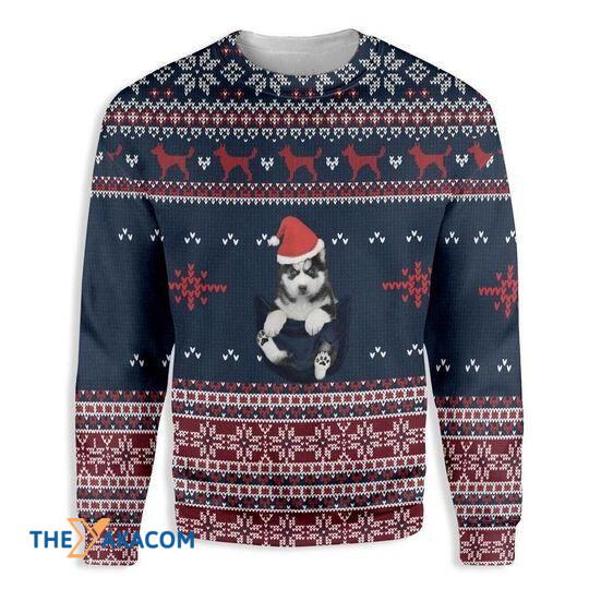 Merry Xmas Cute Baby Siberian Husky In Pocket Gift For Christmas Party Ugly Christmas Sweater