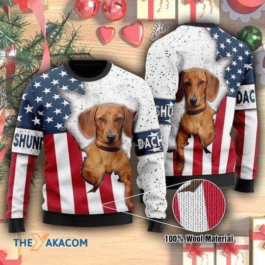 Merry Xmas Cute Dachshund Flag aka American Flag Vintage Pattern Ugly Christmas Sweater